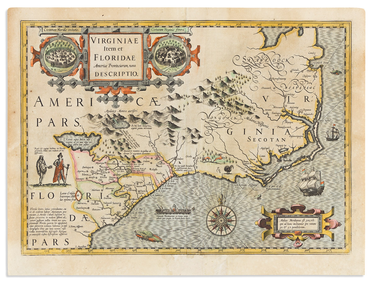 (AMERICAN SOUTHEAST.) Gerard Mercator; and Jodocus Hondius. Virginiae Item et Floridae Americae Provinciarum, Nova Descriptio.